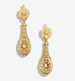 French 19th/20th C. 18K Pink & White Gold Earrings with Pearl Pendants