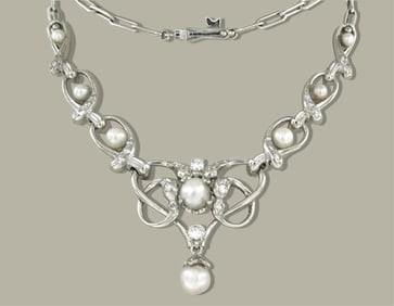 Art Nouveau 14K White Gold, Pearl, and Diamond Necklace