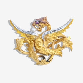 French Art Nouveau 18K Gold & Platinum Chimera Brooch-Pendant, Circa 1900