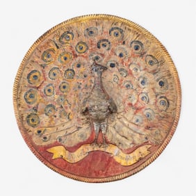 19th Century Majolica Tin-Glazed Enameled Ceramic Dish with Peacock Relief