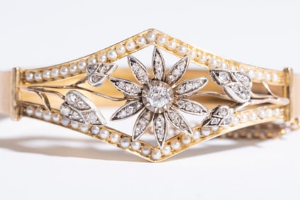 16K Gold Victorian Diamond and Pearl Hinged Bracelet with Gemologist Report