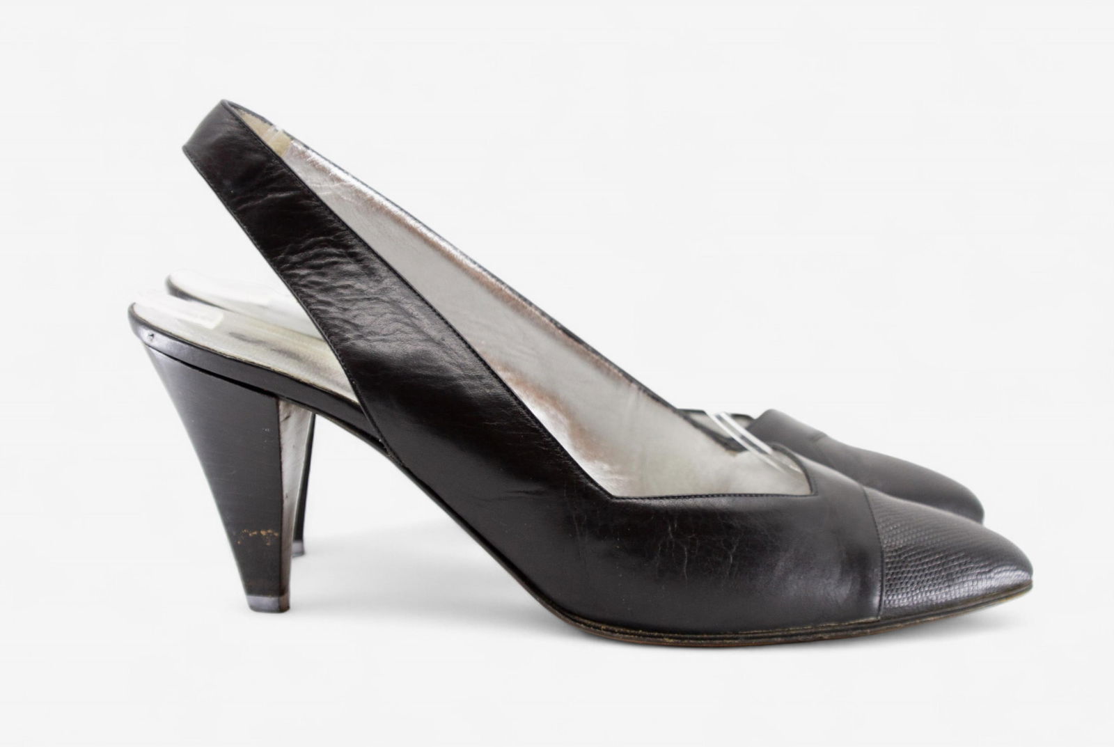 Jaeger Black Leather Slingback Pumps with Trapezoid Heels: Keywords: JAEGER, Designer Couture Women's Black Leather Pumps, Keywords: JAEGER, Designer Couture, One-of-a-Kind, Rare Vintage, Vintage clothes shops near me, Unique vintage clothing, Vintage shoes n