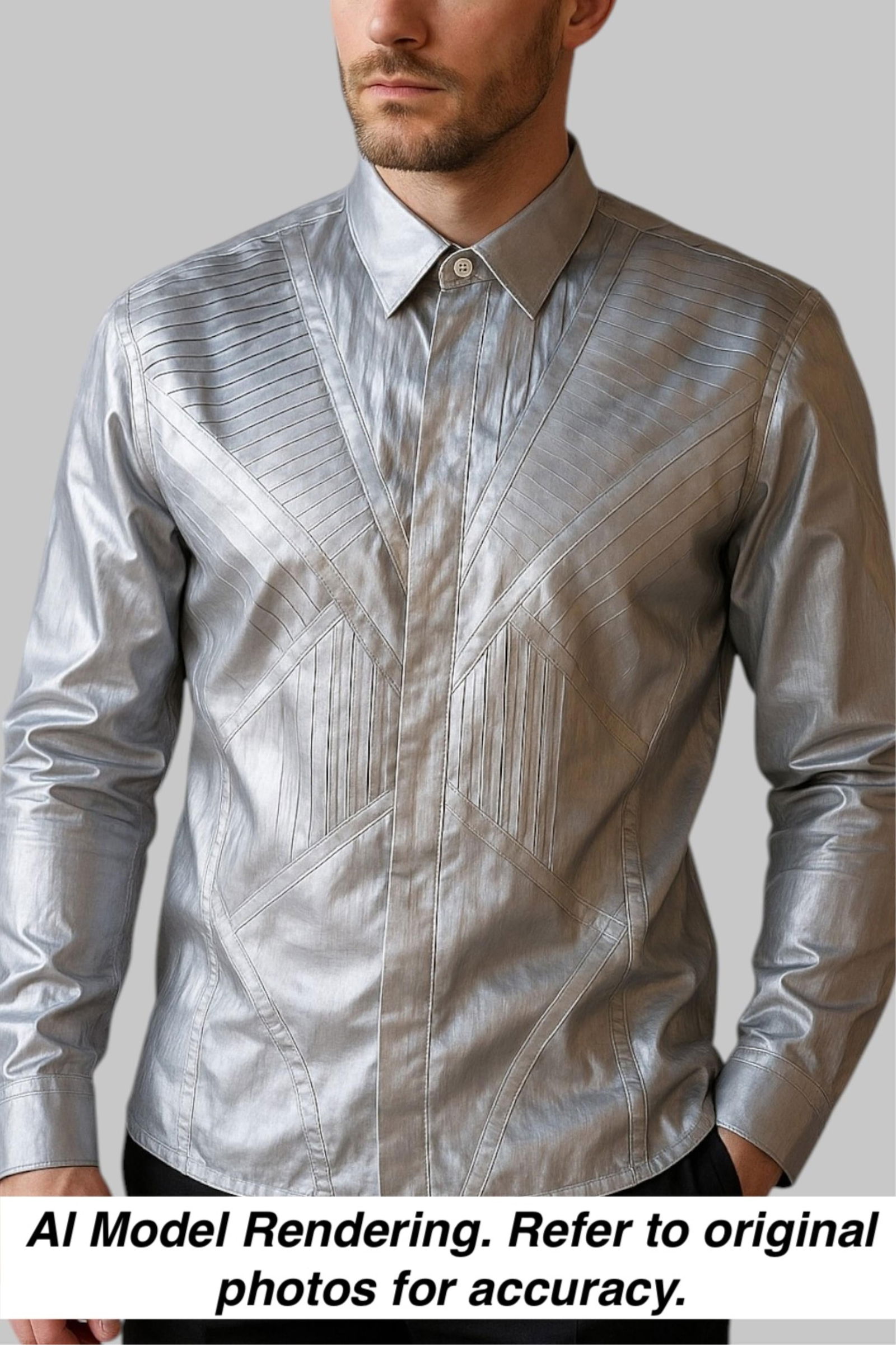 Dior Homme Pleated Origami Style Metallic Silver Mens Shirt: Keywords: DIOR HOMME, Designer Couture, One-of-a-Kind, Rare Vintage, Vintage clothes shops near me, Unique vintage clothing, Vintage clothes near me, Preloved vintage clothing, Second-hand vintage clo