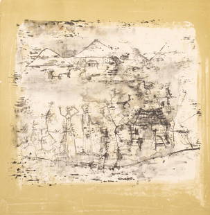 Zao Wou-Ki "Landscape with Man with His Arms Raised" Editioned Lithograph, 1951: Keywords: 1950s modern art, Zao Wou-Ki lithograph, Chinese French artist, abstract landscape, mid-century print, lyrical abstraction, figurative modernism, post-war European print, ink wash aesthetic,