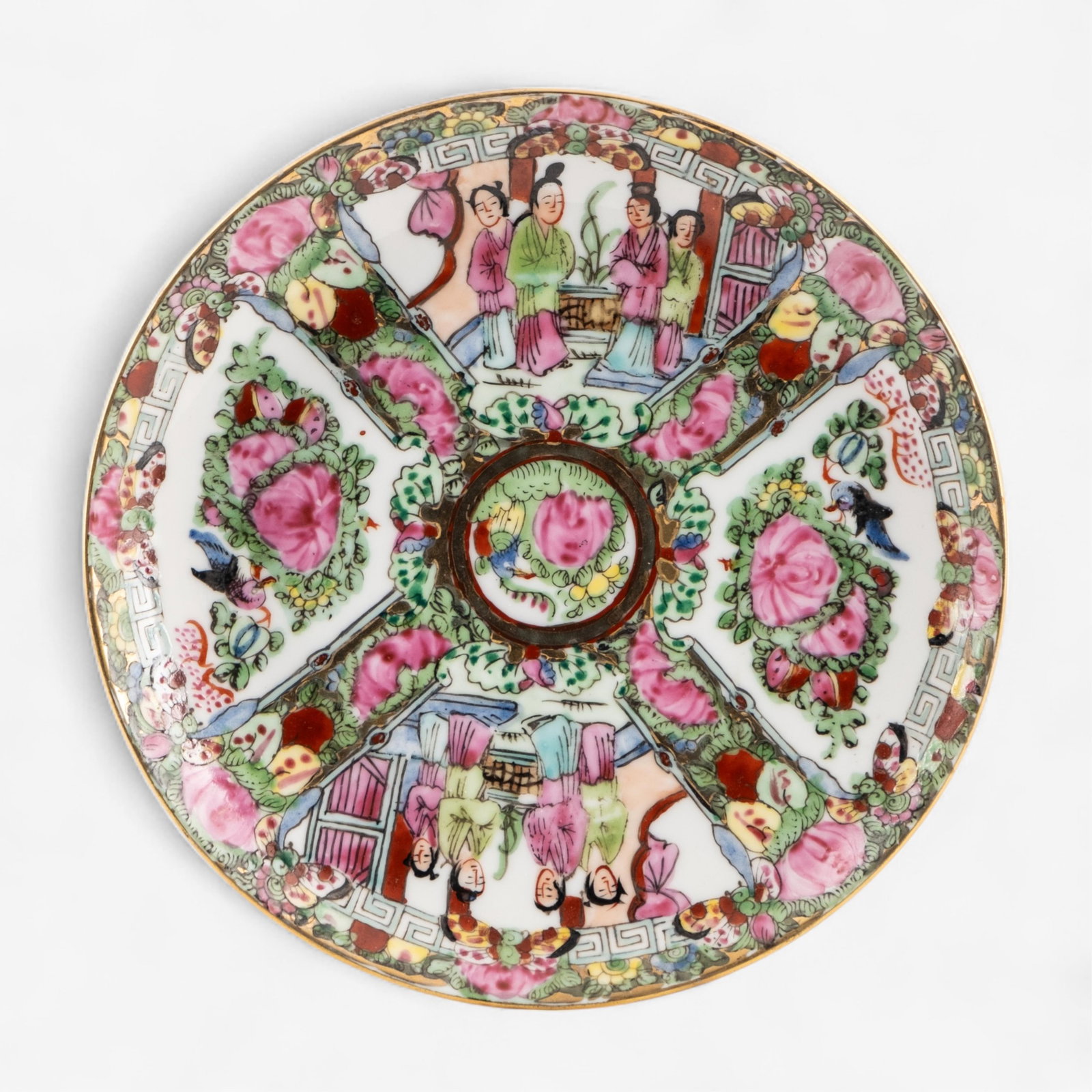 Chinese Famille Rose Porcelain Plate with Figures and Floral Reserves, Marked: Keywords: porcelain, famille rose, Chinese export, hand-painted, 19th century, figures, floral, medallion, Qianlong style, saucer, enameled, Asian decorative arts Chinese hand-painted famille rose por