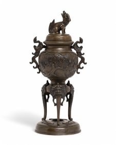 Meiji Period Bronze Tripod Incense Burner with Bird and Floral Motifs, Japan