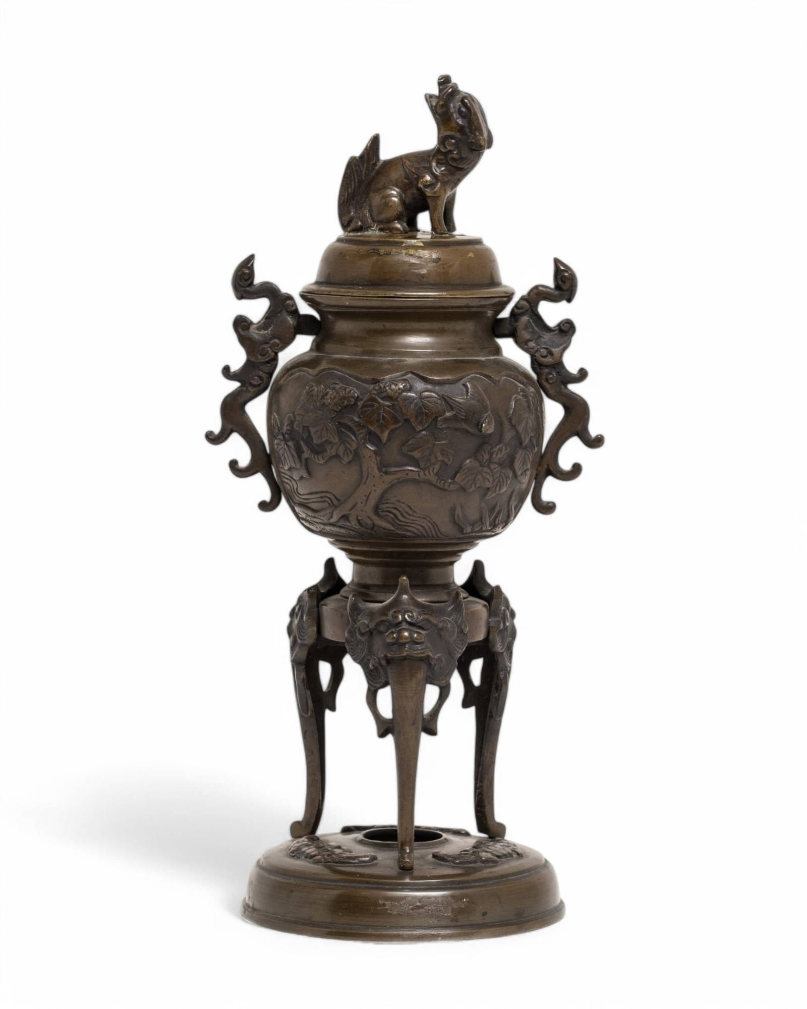 Meiji Period Bronze Tripod Incense Burner with Bird and Floral Motifs, Japan