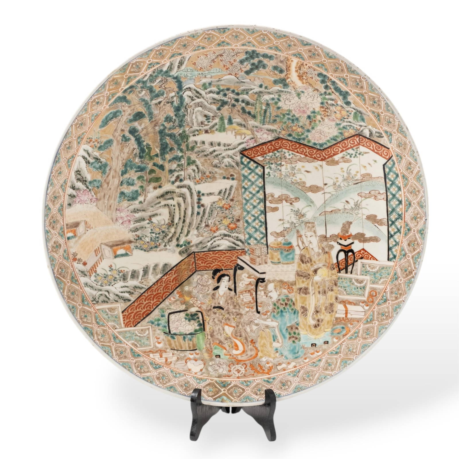 Large Meiji Japanese Signed 18\" Hand Painted 19th Century Porcelain Centerpiece Charger