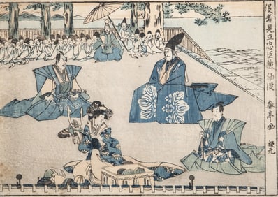 19th-Century Japanese Hand Painted Woodblock Print, Courtly Samurai Scene with Attendants