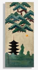 Japanese Lacquer Panel “Pagoda and Full Moon" on Gold Leaf, Early 20th Century