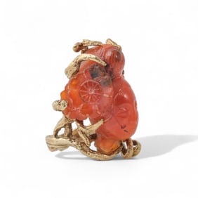 Vintage 14K Gold Ring with Carved Red Jade Figure