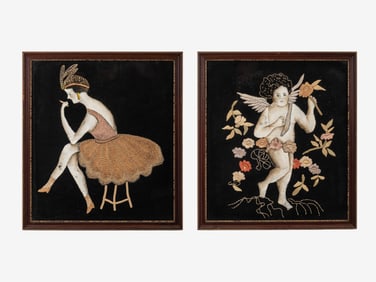 Pair of 19th Century Figural Embroidered Silk Panels in Gilt Frames