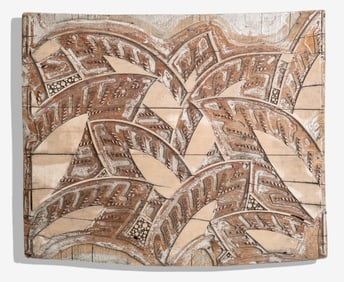 Art Deco Wooden Printing Matrix with Metal Inlay, Stylized Leaf Motif