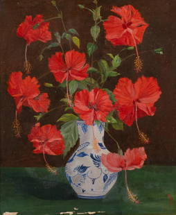 Mystery Artist: Signed 20th Century French School Oil on Canvas Painting, Bouquet of Poppies: Keywords: French painting, oil on canvas, 20th-century school, floral still life, impressionist painting, decorative wall art, early 20th centuryEarly 20th-century French School oil on canvas painting