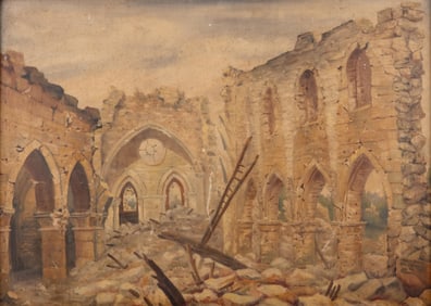 Signed Alex Chevreux Oil on Panel Painting, Anizy Church in Ruins, 1919