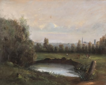Mystery Artist: Signed 19th C. French Pastel Landscape “At the Pond," Dated 1865
