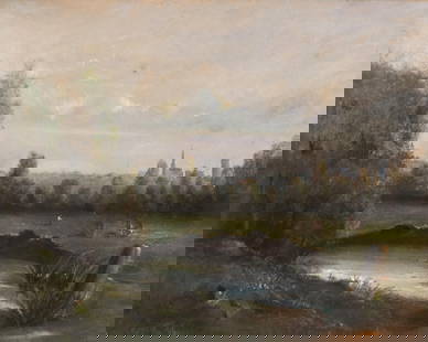 Mystery Artist: Signed 19th C. French Pastel Landscape “At the Pond," Dated 1865: Keywords: 19th century art, French school painting, landscape, antique pastel painting, romantic landscape, plein air.Pastoral 19th-century French school landscape pastel painting. Signed lower left a