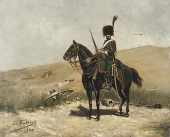 Signed E. des Vallons, French Cavalryman on Horseback, Oil on Canvas Painting, 1904