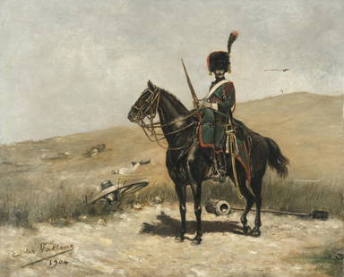 Signed E. des Vallons, French Cavalryman on Horseback, Oil on Canvas Painting, 1904: Keywords: French cavalry, military painting, horseback soldier, French military art, early 20th century painting, rural landscape, French art, equestrianSigned E. des Vallons oil on canvas painting da