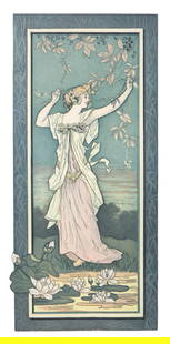 Art Nouveau Color Engraving, "Spring" After Alphonse Mucha, Circa 1900: Keywords: Alphonse Mucha Style, decorative art, circa 1900, allegorical figure, floral motif, Jugendstil, French schoolArt Nouveau color panel engraving "Spring" After Alphonse Mucha, circa 1900. Feat