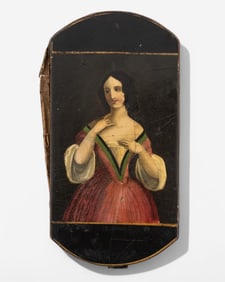 19th Century Papier-Mache Cigar Case Portrait of a Woman in Red Painting