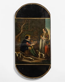 19th Century Papier-Mache Cigar Case The Gift of a Hen Painting on Papier Mache
