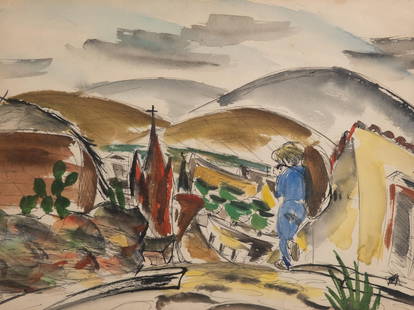 Nicolas de Stael, Watercolor Cubism Landscape Painting on Paper, 1950: Keywords:Cubist, Abstract Landscape, Mid-Century Art, French Country Side, Watercolor on Paper, Modernist Composition, Expressionist Style, Hills and Valleys, Village SceneAttributed Nicolas de Stael