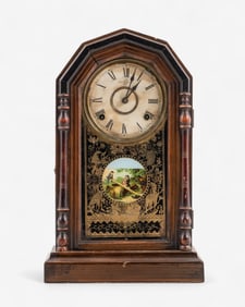 American Victorian-era Mantel Clock with a Reverse Painted Glass Panel