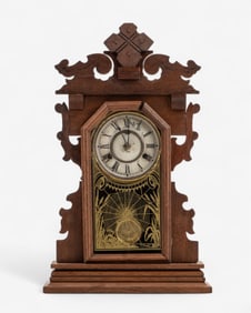 American Victorian Mantel Clock with Reverse Painted Spiderweb Glass