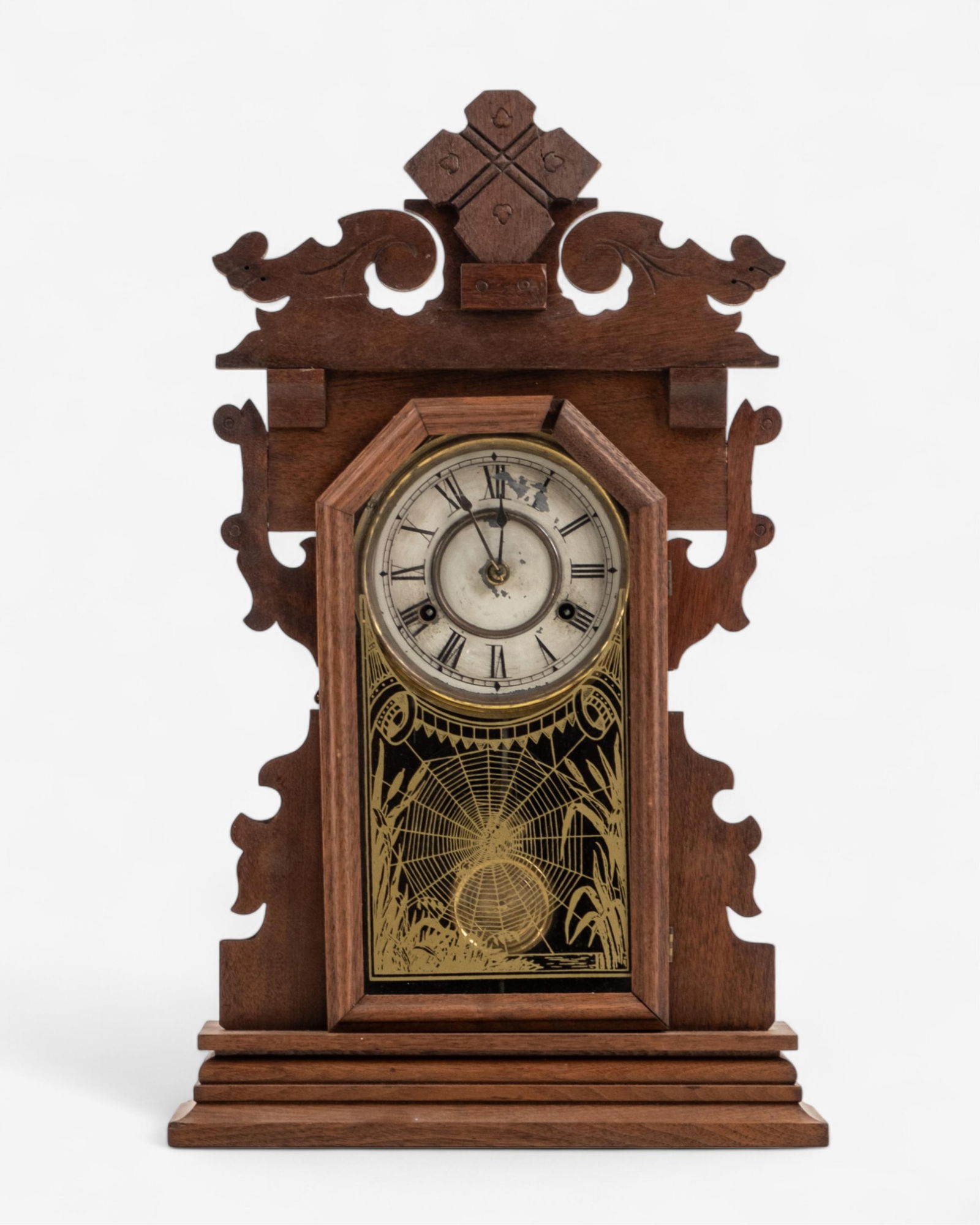 American Victorian Mantel Clock with Reverse Painted Spiderweb Glass (1 of 15)