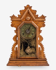 E. Ingraham Victorian Mantel Clock with Reverse Painted Glass, Circa 1880s