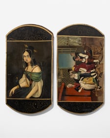 19th Century Papier-Mache Cigar Case Women Trying on Shoes Painting