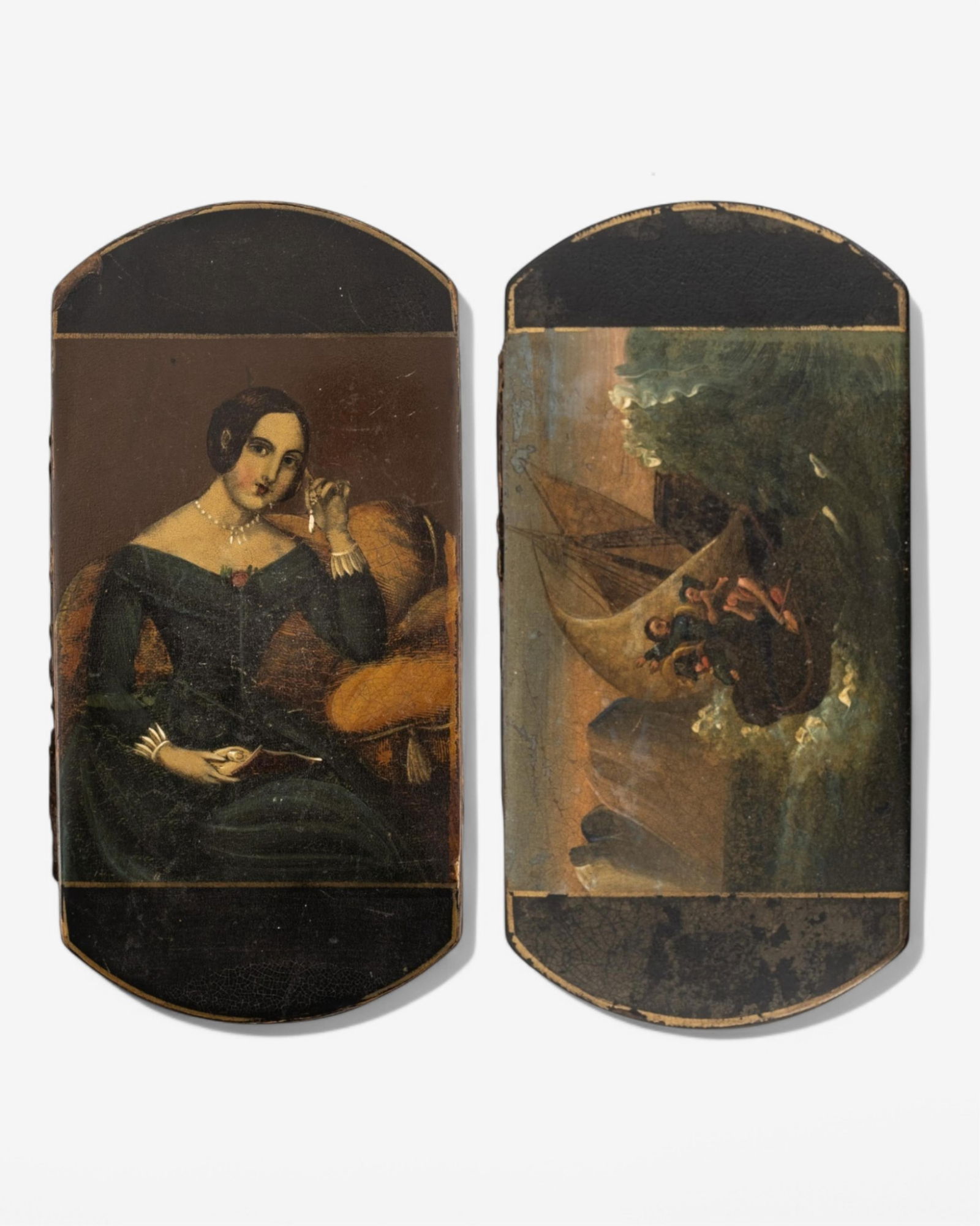 19th Century Papier-Mache Cigar Case Shipwreck Scene Hand Painting: 213Keywords: antique, collectible, smoking accessory, Victorian era, hand-painted, decorative arts19th Century Papier-Mache Cigar Case Shipwreck Scene Hand Painting depicting soldiers on a boat and on