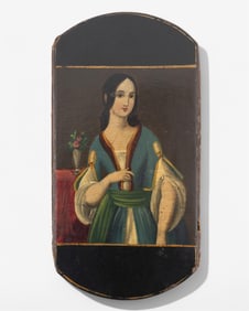 19th Century Papier-Mache Cigar Case Portrait of a Woman in Blue Painting.