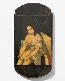 19th Century Papier-Mache Cigar Case Courtesan putting on her stockings painting.