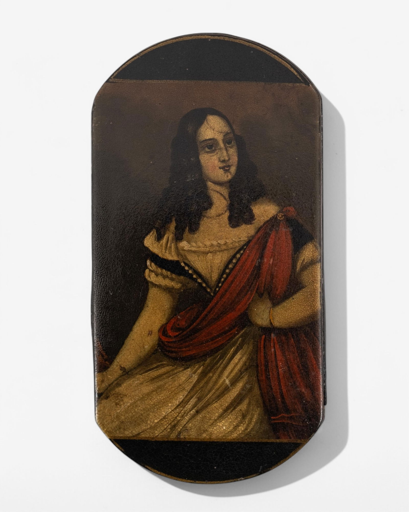 19th Century Papier-Mache Cigar Case Portrait of a Young Girl Painting: Keywords: antique, collectible, smoking accessory, Victorian era, hand-painted, decorative arts19th Century Papier-Mâché Cigar Case with Portrait of a Young Girl Painting. Leather bellows.Measuremen