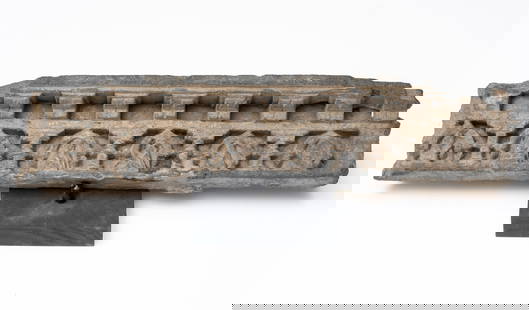 Gandhara Architectural Temple Element With Buddhist Ascetics, Ca. 200-300 AD: Keywords: Gandharan Style, Religious Art, Historical Artifact, Pilasters, Worshippers, Grey Schist, Custom Stand, Cultural Heritage, Early Buddhist, Ancient, ArcheologyGandhara Grey schist frieze depi