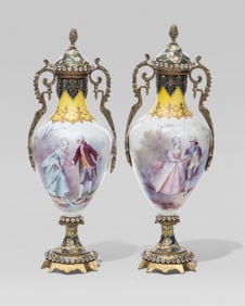 French "Sevres" Hand Painted Porcelain and Cloisonne Enamel Lidded Urns, Circa 1900