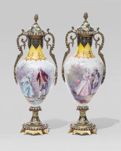 French "Sevres" Hand Painted Porcelain and Cloisonne Enamel Lidded Urns, Circa 1900: Keywords: French Porcelain, Hand-painted, Rococo, Gilt Bronze Mounts, Yellow, Pastels, Romantic Scenes, Enamel Detailing, Acanthus Leaves, Floral Motifs, NeoclassicalFrench "Sevres" porcelain and cloi