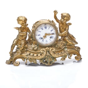 French Gilt Bronze Pendulum Mantle Clock with Two Cupids, 19th Century