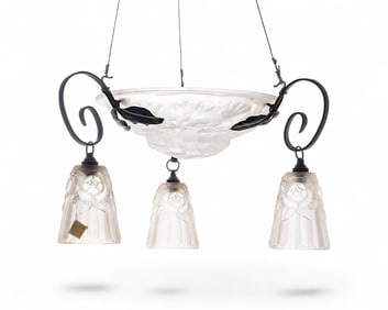 Signed Degue Art Deco Frosted Glass and Wrought Iron Three-Light Chandelier, France, c. 1925