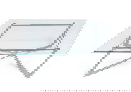 Mid Century Modern Aluminum and Brass Coffee Table: Keywords: Mid-century design, minimalist aesthetic, sculptural base, industrial craftsmanship, sleek lines, modernist movement, muted palette, functional eleganceMid century modern aluminum and brass