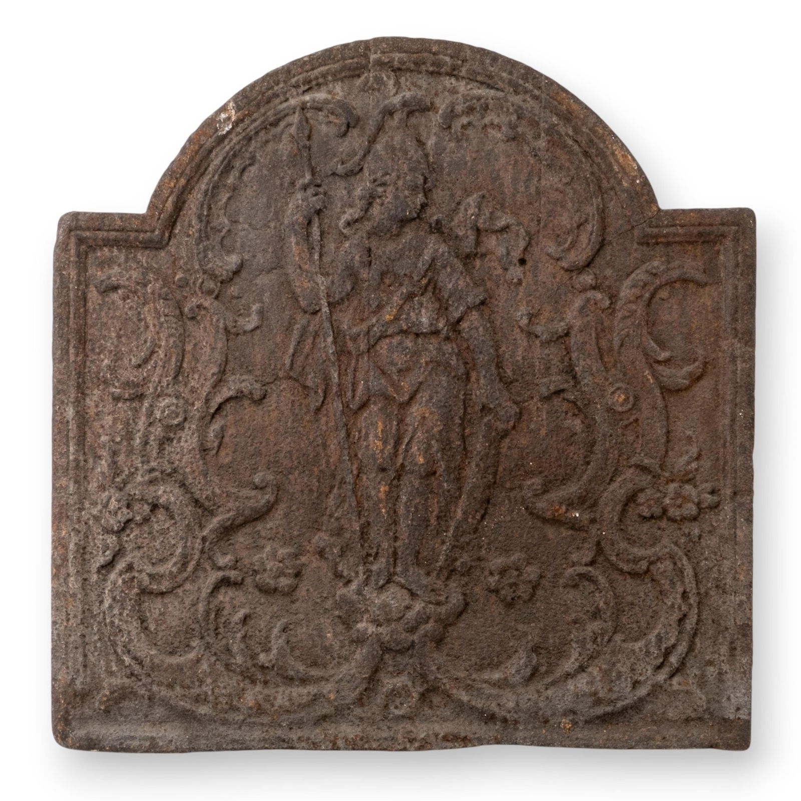 Cast-iron Fireback Featuring a Relief of a Standing Warrior, 17th or 18th Century: Keywords: antique fireback, Baroque, Rococo, Neoclassical, French Decorative Arts, 17th Century Metalwork, Flemish Design, André-Charles Boulle Style, Jean Berain Style, Jacques Caffieri Style, Cast