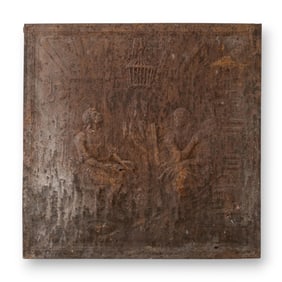 Cast-Iron French Fireback with Two Figures in an Interior Scene, 18th Century