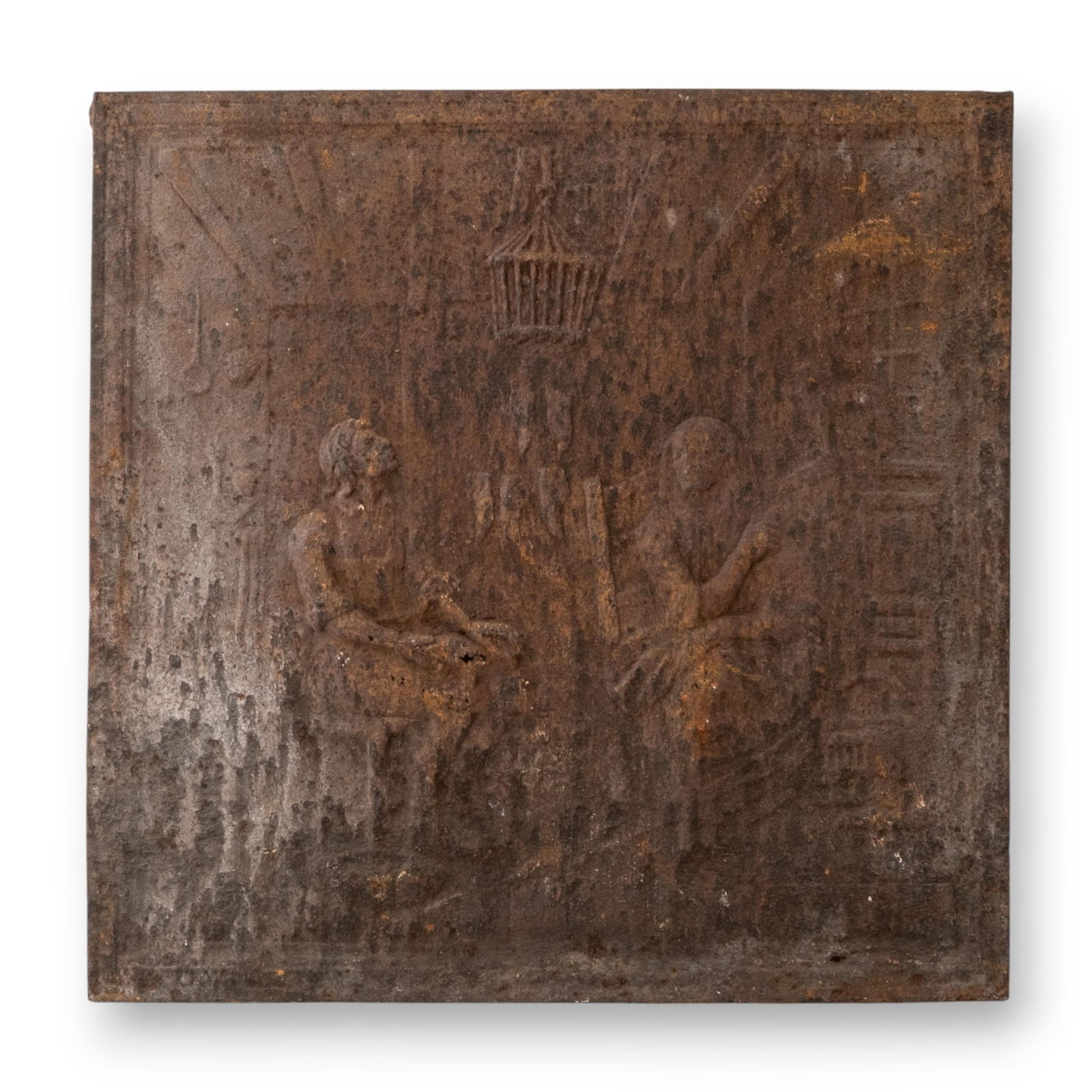 Cast-Iron French Fireback with Two Figures in an Interior Scene, 18th Century: Keywords: antique fireback, Baroque, Rococo, Neoclassical, French Decorative Arts, 17th Century Metalwork, Heraldic Design, André-Charles Boulle Style, Jean Berain Style, Jacques Caffieri Style, Cast