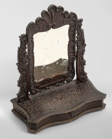 Hand-Carved Oak Americana Folk Art Dressing Mirror with Drawer, 32"