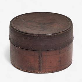 Antique Round Leather Collar/Cuff Box with DIEU ET MON DROIT Seal, Circa 1879