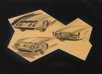 Raymond Loewy Signed Charcoal Drawing Car Concept Study, Studebaker Avanti