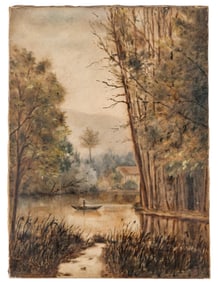 Late 19th-Century School, Riverside Scene, Monogrammed Oil on Canvas