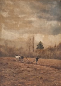 Late 19th-Century School, Ploughing Scene, Monogrammed Oil on Canvas Painting